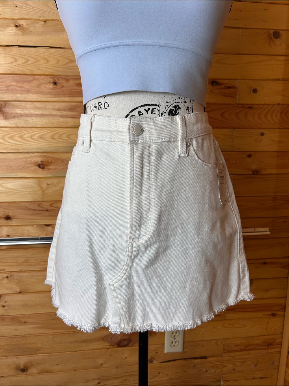 Good American White Denim Mini Skirt with Frayed Hem